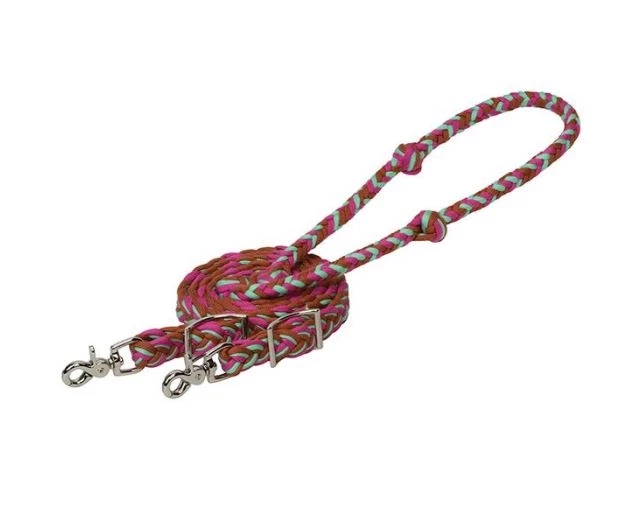 Weaver Leather 3/4" x 8' EcoLuxe™ Bamboo Flat Barrel Reins, Raspberry/Biscay Green/Cinnamon 1 Weaver Leather 3/4" x 8' EcoLuxe™ Bamboo Flat Barrel Reins, Raspberry/Biscay Green/Cinnamon