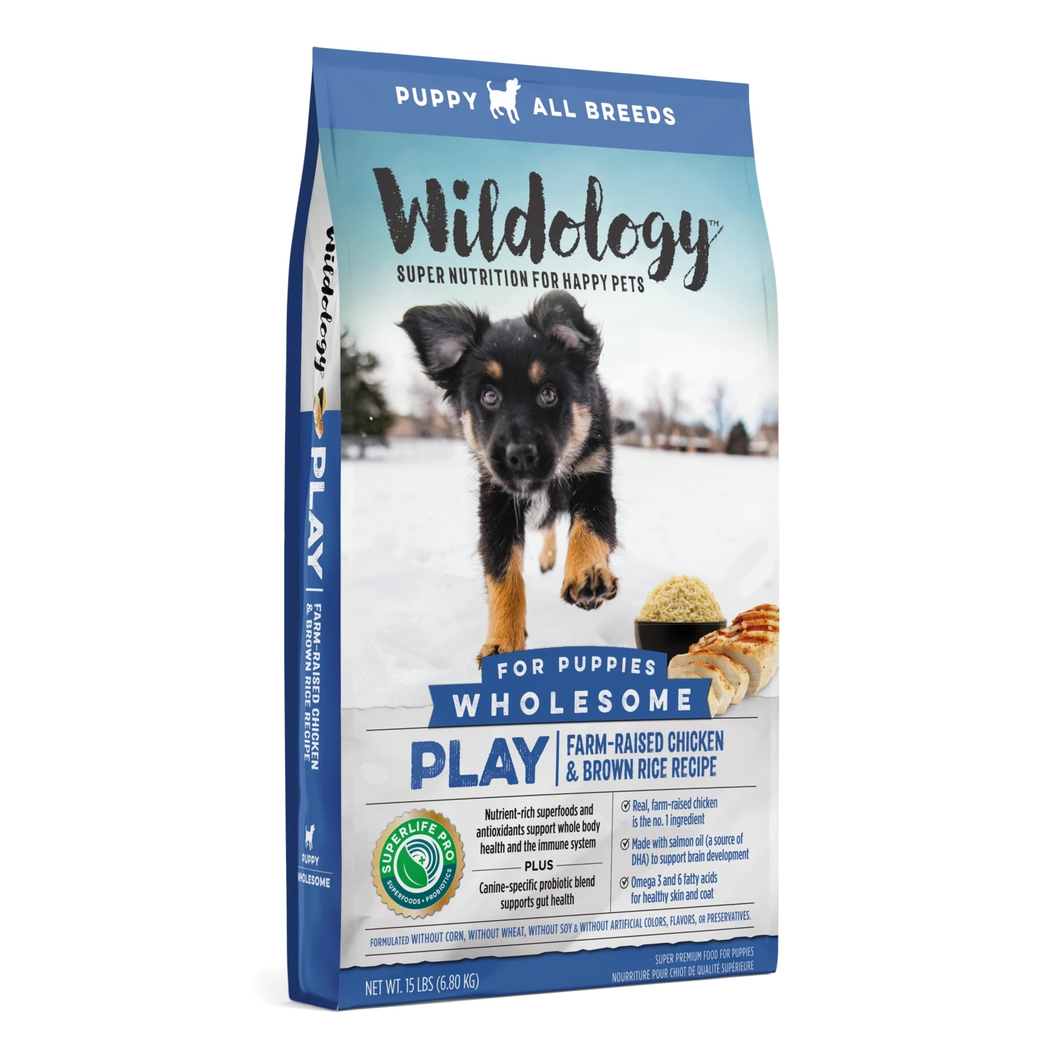 Wildology PLAY Farm-Raised Chicken & Brown Rice Puppy Food, 15lb. bag 1 Wildology PLAY Farm-Raised Chicken & Brown Rice Puppy Food, 15lb. bag