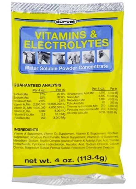 Durvet Vitamins & Electrolytes Powder Farm Animal & Horse Supplement, 4oz. Bag 1 Durvet Vitamins & Electrolytes Powder Farm Animal & Horse Supplement, 4oz. Bag